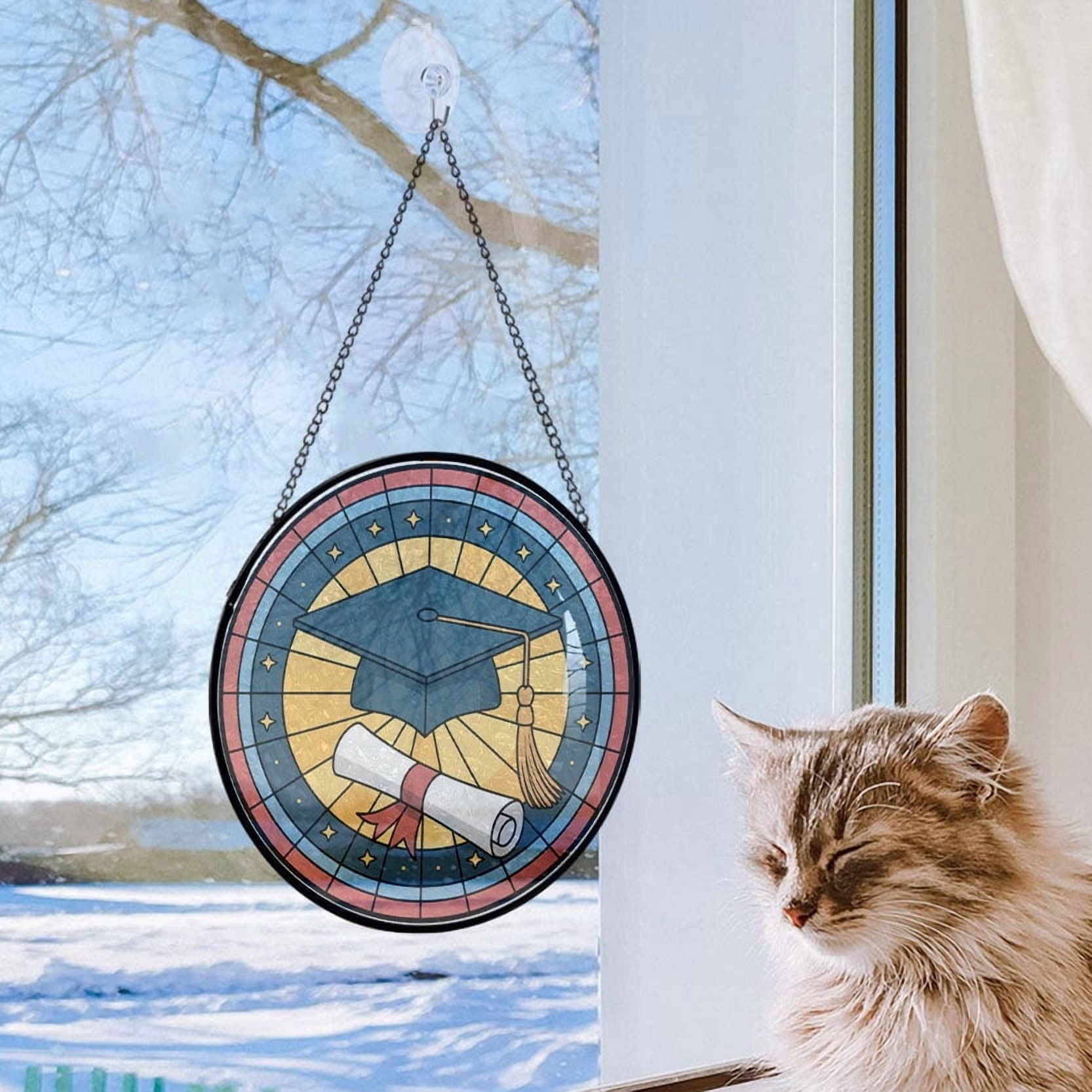 A Graduation Cap and Diploma Stained Glass Suncatcher Window Hanging – Holiday Window Hanging Gift with Custom Text for Family, Friends, Man & Woman, Christmas 2025 Tree Keepsake