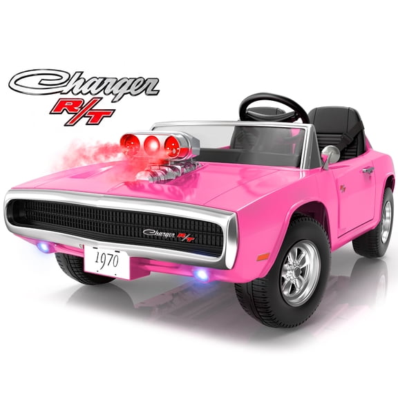 iYofe 24V 2 Seater Licensed 1970 Dodge Charger R/T Powered Ride-On Car with Remote Control & Safety Belt, Pink