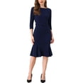 thumbnail image 2 of INSPIRE CHIC Robe pour Femme Col Bateau Manches Mi-Longues Plissée Travail Élégante Robe Midi TG Bleu Foncé, 2 of 5