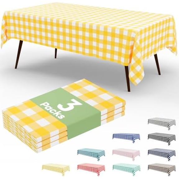 3 Pack Yellow Gingham Disposable Tablecloths - 54" x 108" Heavy Duty Plastic Table Cloth, Waterproof Buffalo Plaid Table Covers for Picnic, Banquets, Outdoor Parties