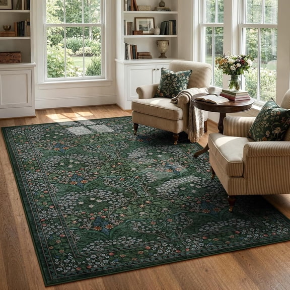 Dark Green 5' X 7' Rectangular Low Pile Non Slip Washable Floral Rug