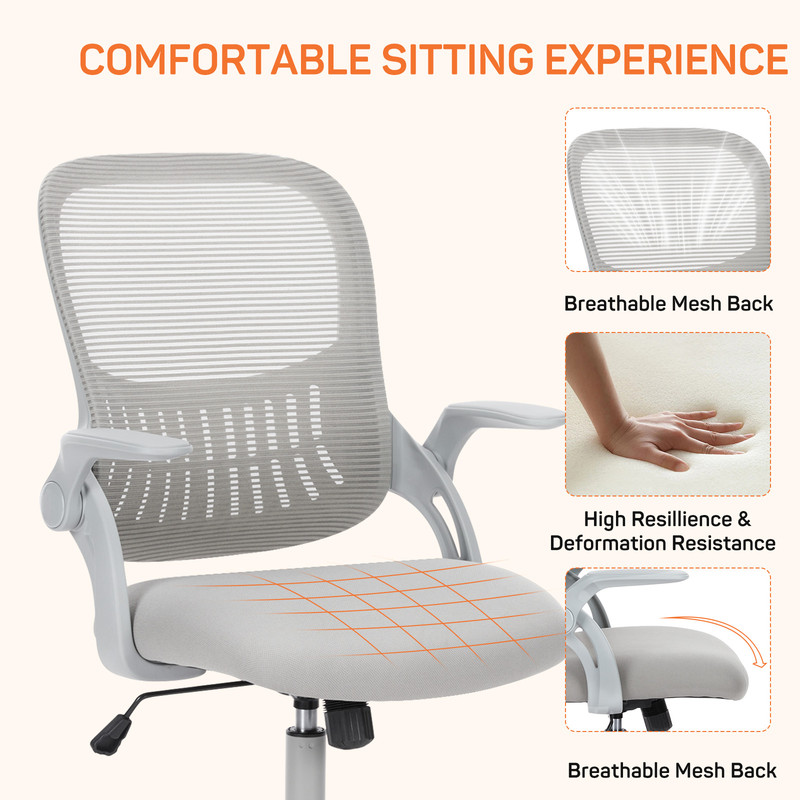 Office Desk Chair, Ergonomic Mid-Back Mesh Chair with Wheels, Comfy Lumbar Support with Flip-up Arms for Home office, Gaming, Study, Gray