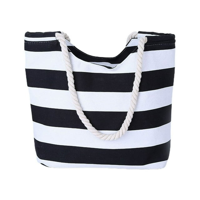 Women Beach Bag Rope Handle Waterproof Large Capacity Canvas Colorful Strip Tote Handbag Vacation Use