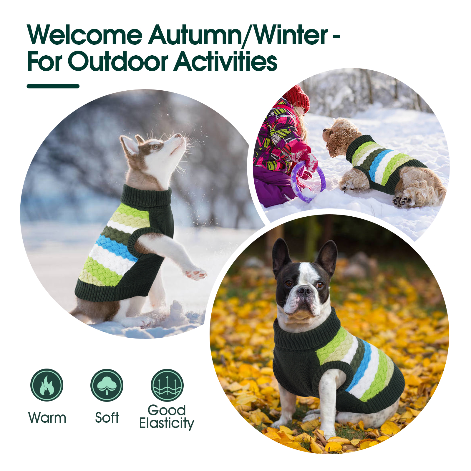 Kuoser Dog Sweater Warm Pet Knitwear Soft Winter Clothes for Dogs and Cats, Green, XL