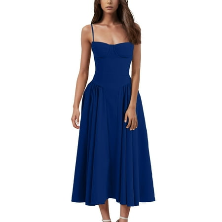 GXIPO Corset Dress for Women 2025 Elegant Spaghetti Strap Bustier Midi Dress Low Cut Vintage Party Dress Dark Blue L