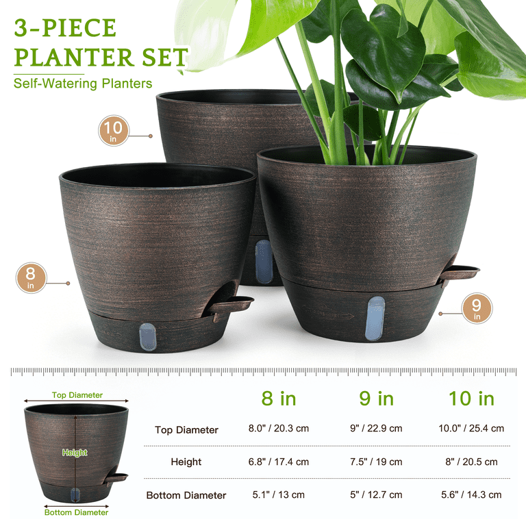 Fiason 3-Pack Self-Watering Planters, 8, 9, 10 Inch Bronze photo 2