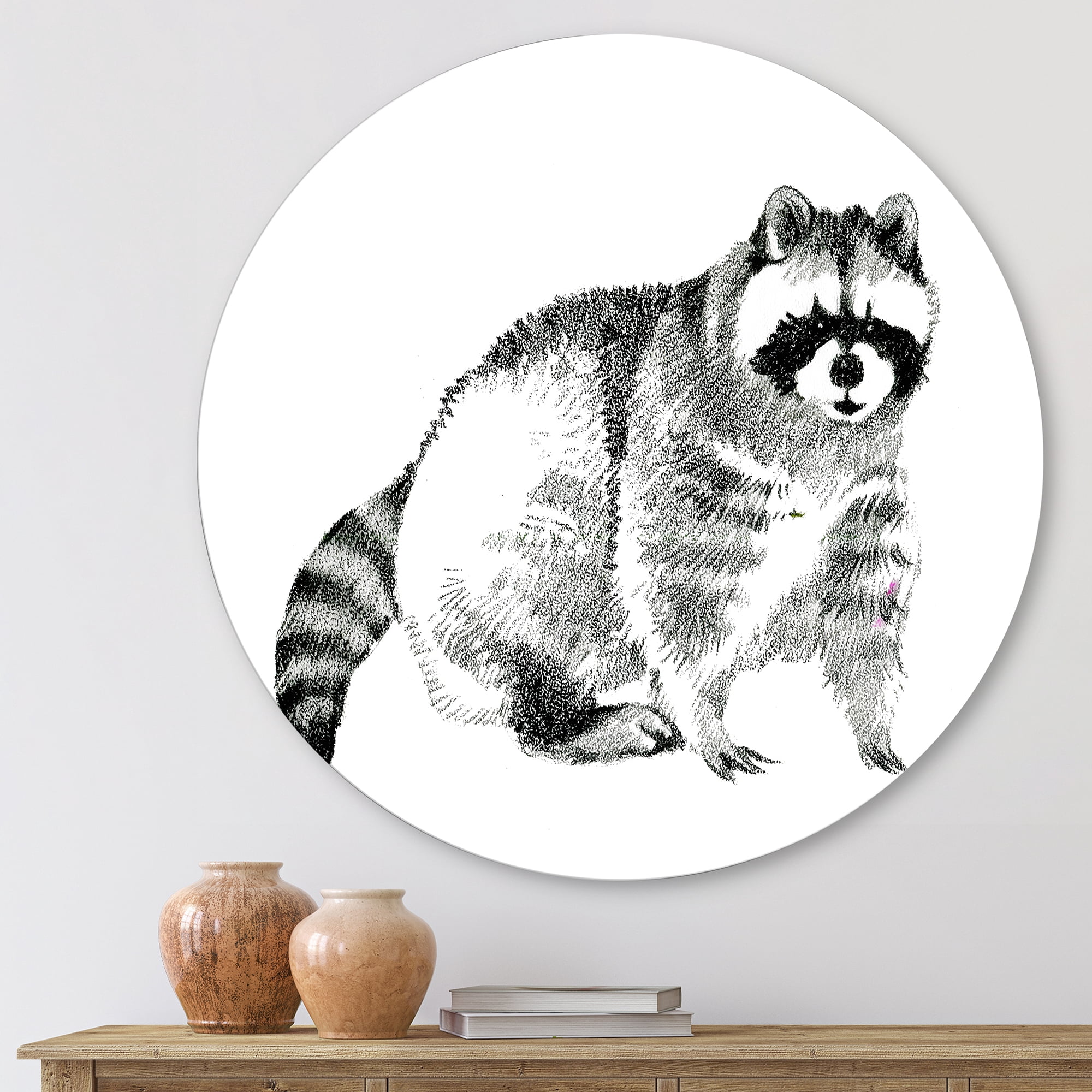 Designart 'Black and White Portrait Of Raccoon' Farmhouse Circle Metal Wall Art 11x11 - Disc of 11
