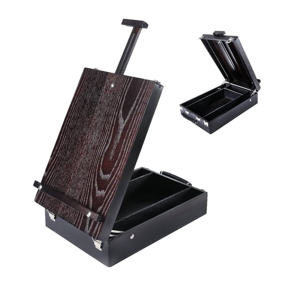 Artkey Walnut Color Artist Tabletop Box Easel, Radiata Pine Wood Painting Easel with 4 Storage Compartments,Portable Art Supply Box with Carry Handle, 1 Pack