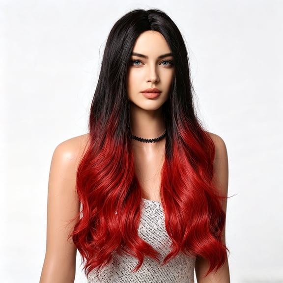 Red and Black Wigs for Women 26 Inch Long Body Wave Costume Wigs Synthetic Middle Part Long Wavy Wig for Halloween Cosplay Party Use Half Red Half Black