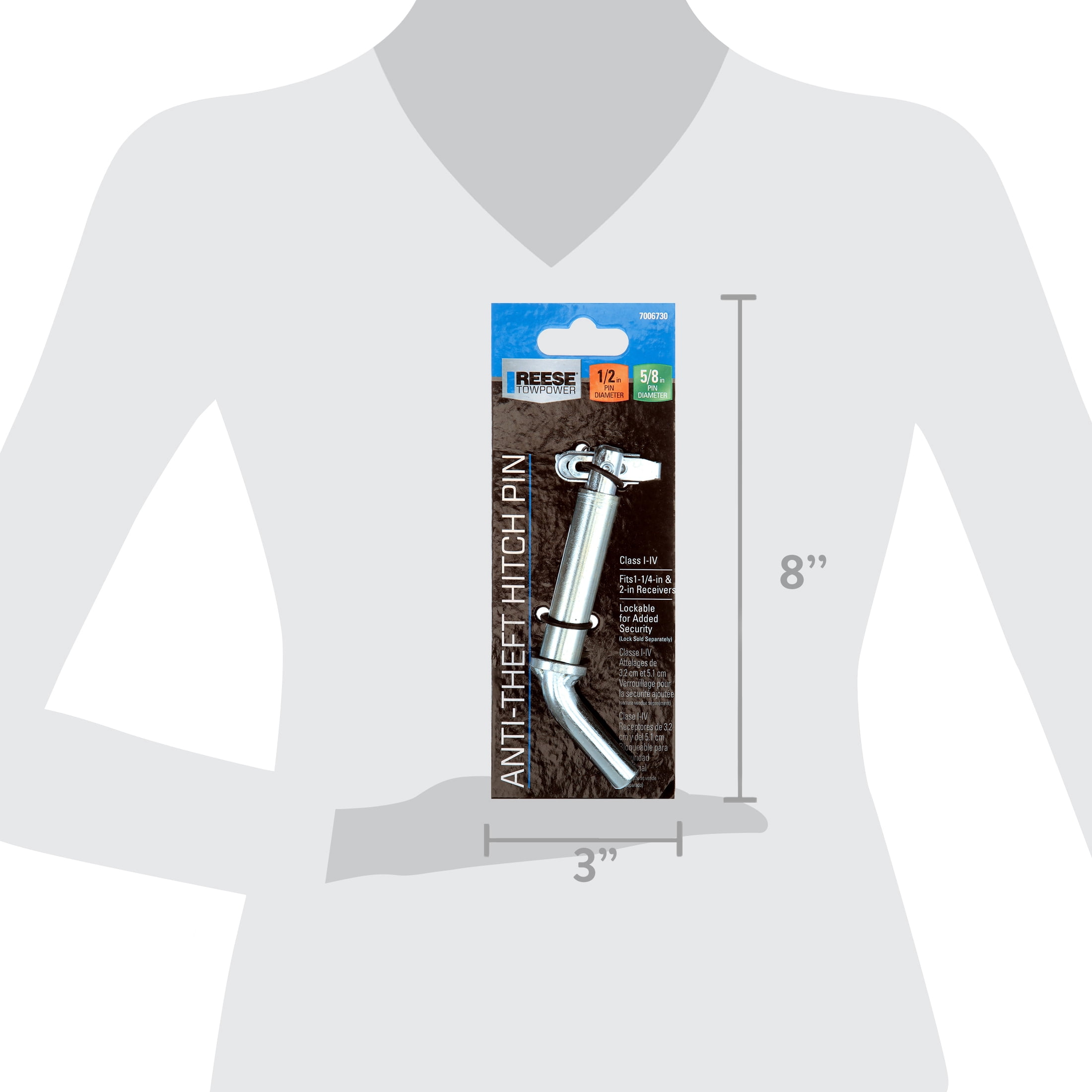 Reese Towpower 7006730 Anti-Theft Hitch Pin 2.75 in Length, 0.88 in Diameter Chrome, Class II1 Piece