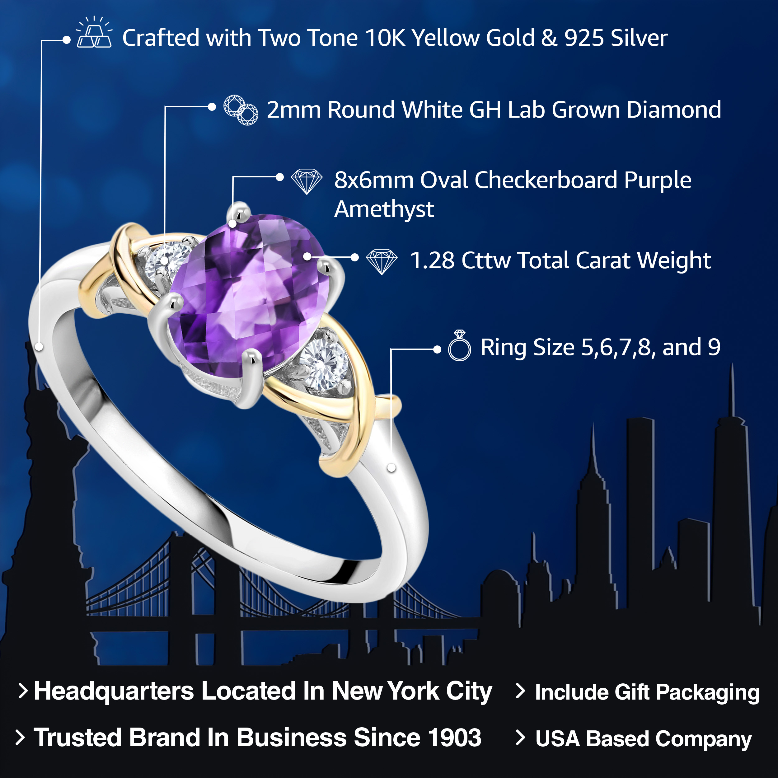 Gem Stone King 2 Tone 10K Yellow Gold and 925 Sterling Silver Oval Checkerboard Purple Amethyst and Lab Grown Diamond Engagement Ring for Women (1.28 Cttw, Available in Size 5,6,7,8,9)