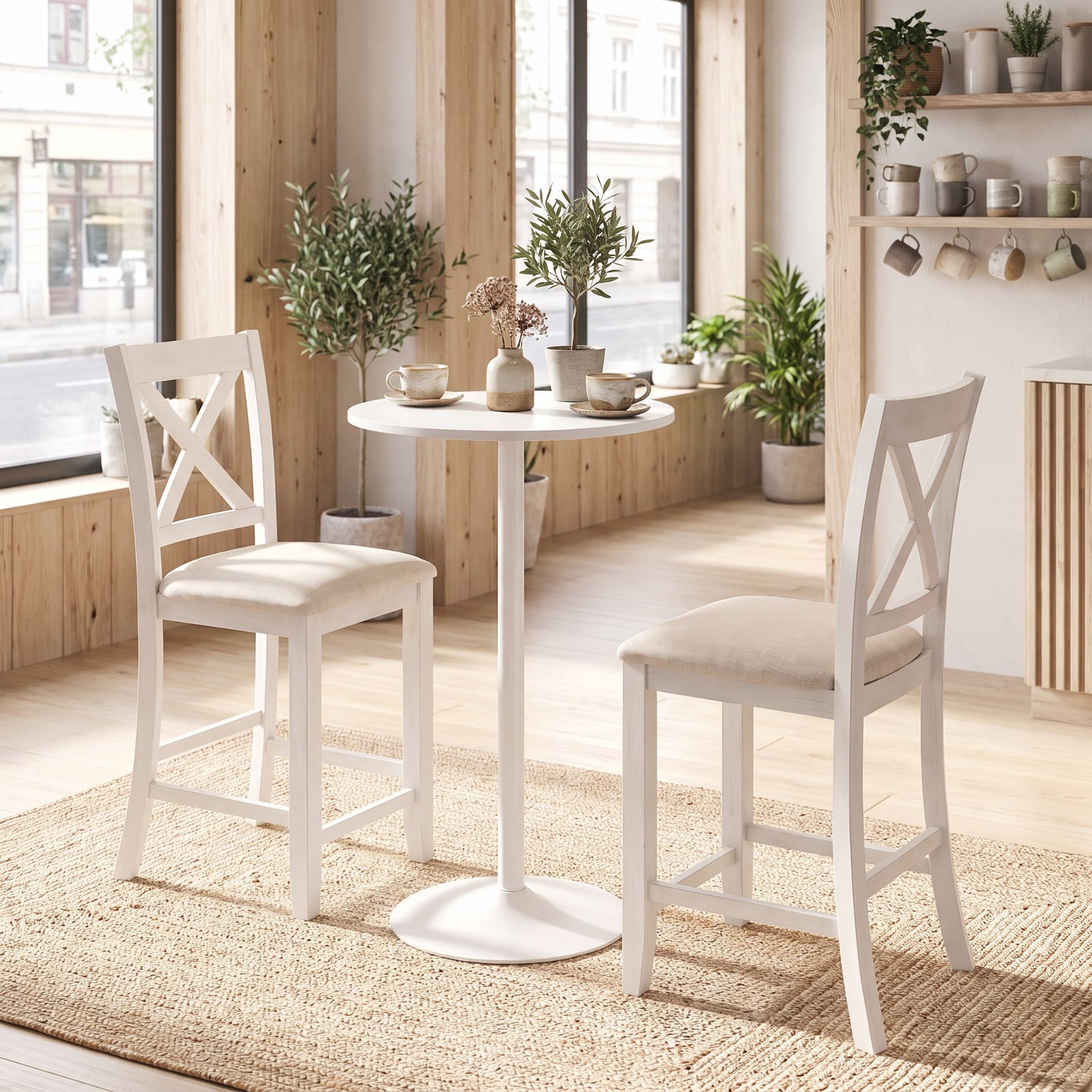 Furnibear Modern Farmhouse Counter Height Stools with Footrest and Cushion for Kitchen Island Counter Bar Pub Dining Home, White