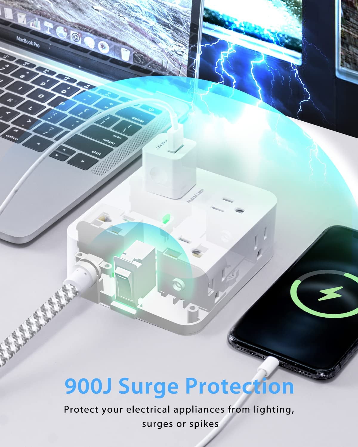 Surge Protector Power Strip - 8 Widely Outlets with 4 USB Charging Ports, 3 Side Outlet Extender with 5Ft Braided