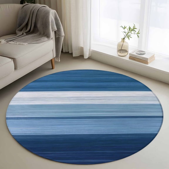 Blue Ombre Stripe Round Area Rug 3 FT,Small Kitchen Bathroom Mats,Farmhouse Striped Modern Abstract Art Washable Indoor Outdoor Throw Runner Carpet Non-Shedding Doormat for Table Shower Sofa Entryway