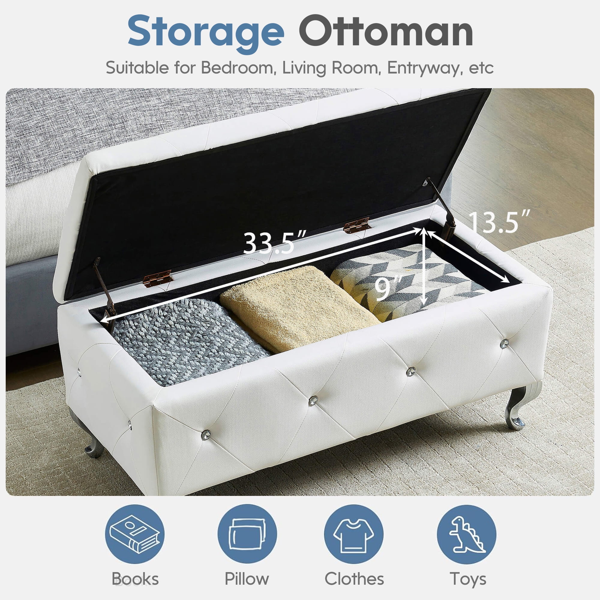Aukfa Storage Ottoman Bench with Crystal Buttons for Bedroom,White