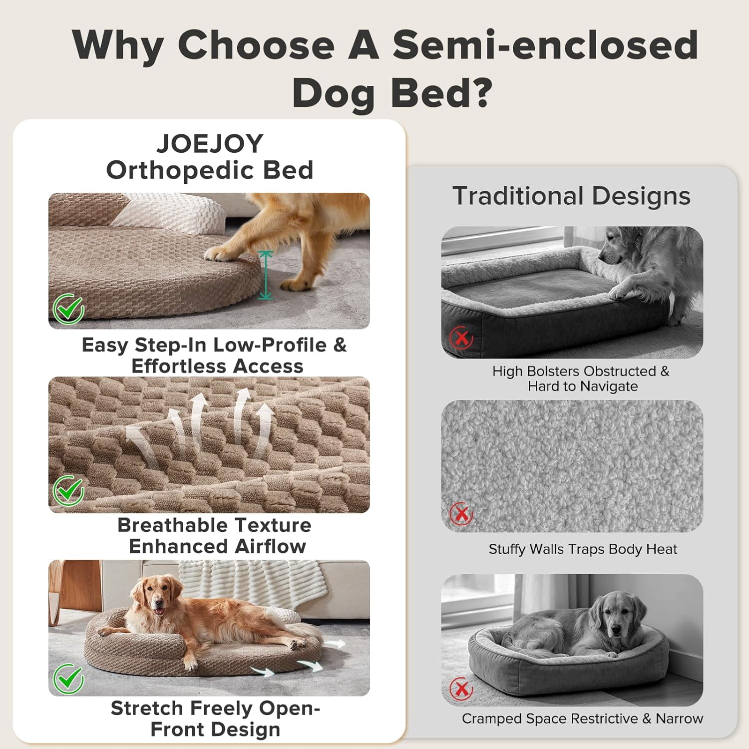 XL Orthopedic Dog Beds Large Sized Dog, Extra Large Washable Waterproof Oval Large Dog Bed with Removable Cover, Egg-Crate Foam Pet Bed with Bolster & Non-Skid Bottom, Dark Grey, 42''x31''