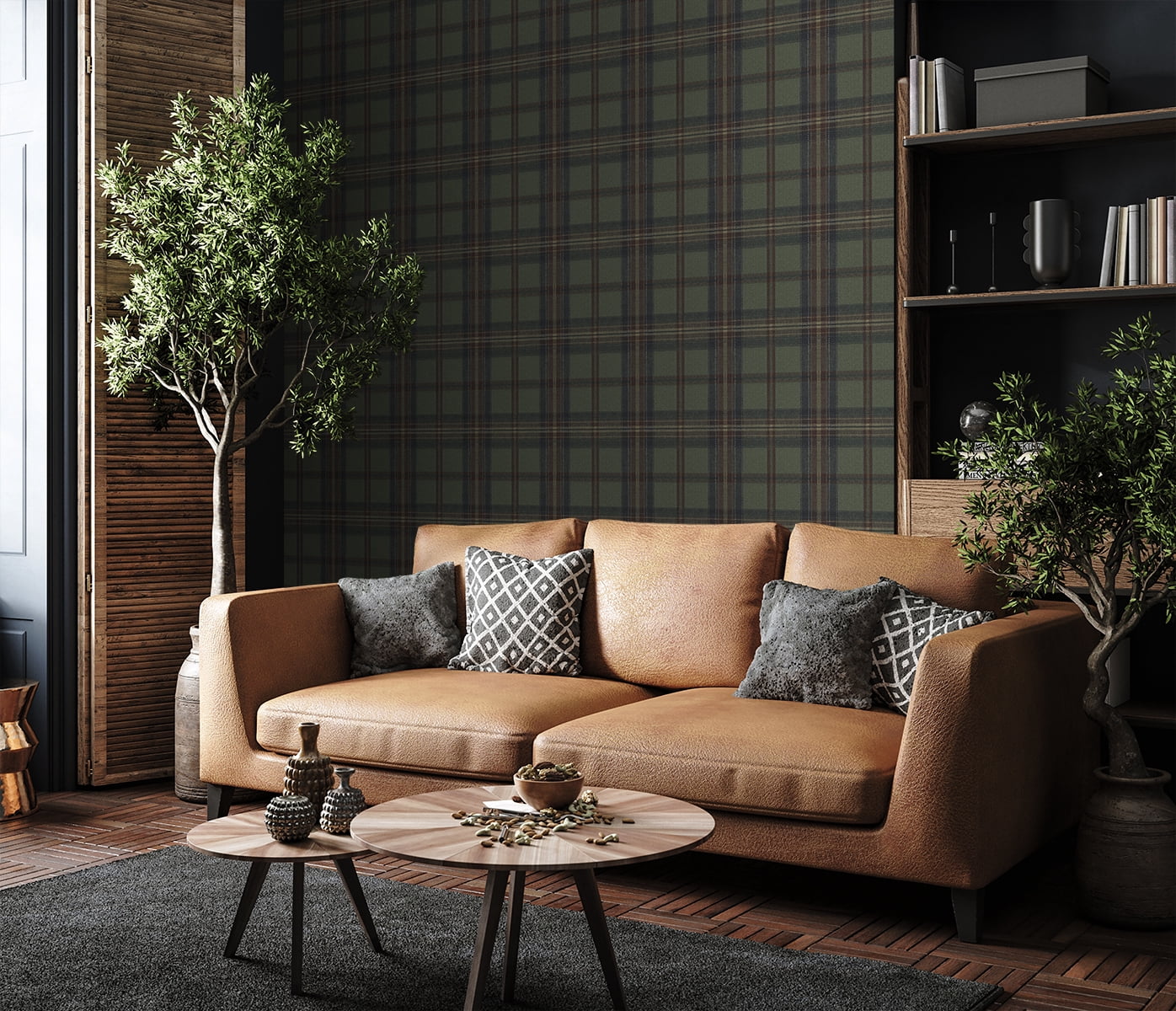Harry & Grace Adobe & Antique Green Herringbone Plaid Premium Matte Non-Woven Peel and Stick Wallpaper - 20.5 in. W x 18 ft. L Roll