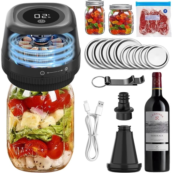 4-in-1 Rechargeable Vacuum Sealer for Mason Jars, Bags & Wine, Automatic Stop, LCD Display, Complete Food Preservation Kit with Pump and 10-Lids