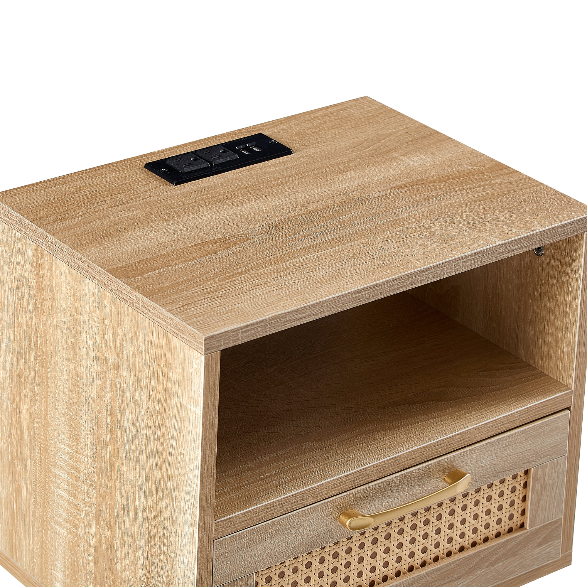 Aukfa Modern Nightstand Rattan End table with Power Outlet,USB Port for Living Room Bedroom,Brown