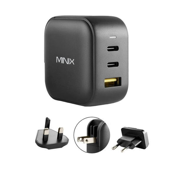 MINIX 66W Turbo 3-Port GaN Wall Charger 2 x USB-C Fast Charging Adapter, 1 x USB-A Quick Charge 3.0, Compatible with MacBook Pro Air, iPad Pro, iPhone 15/13/12