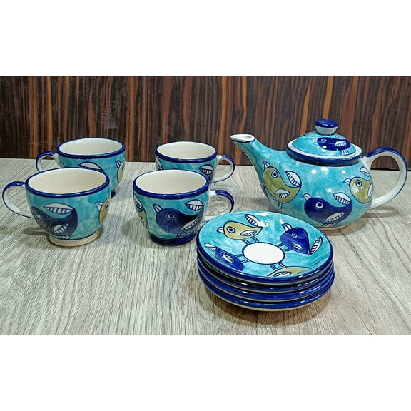 India Meets India Green Tea Pot Kettle 20 Oz Set of 4 Cups 4 Saucers Handpainted Birds Design Indian Handicraft Perfect Gift Pack
