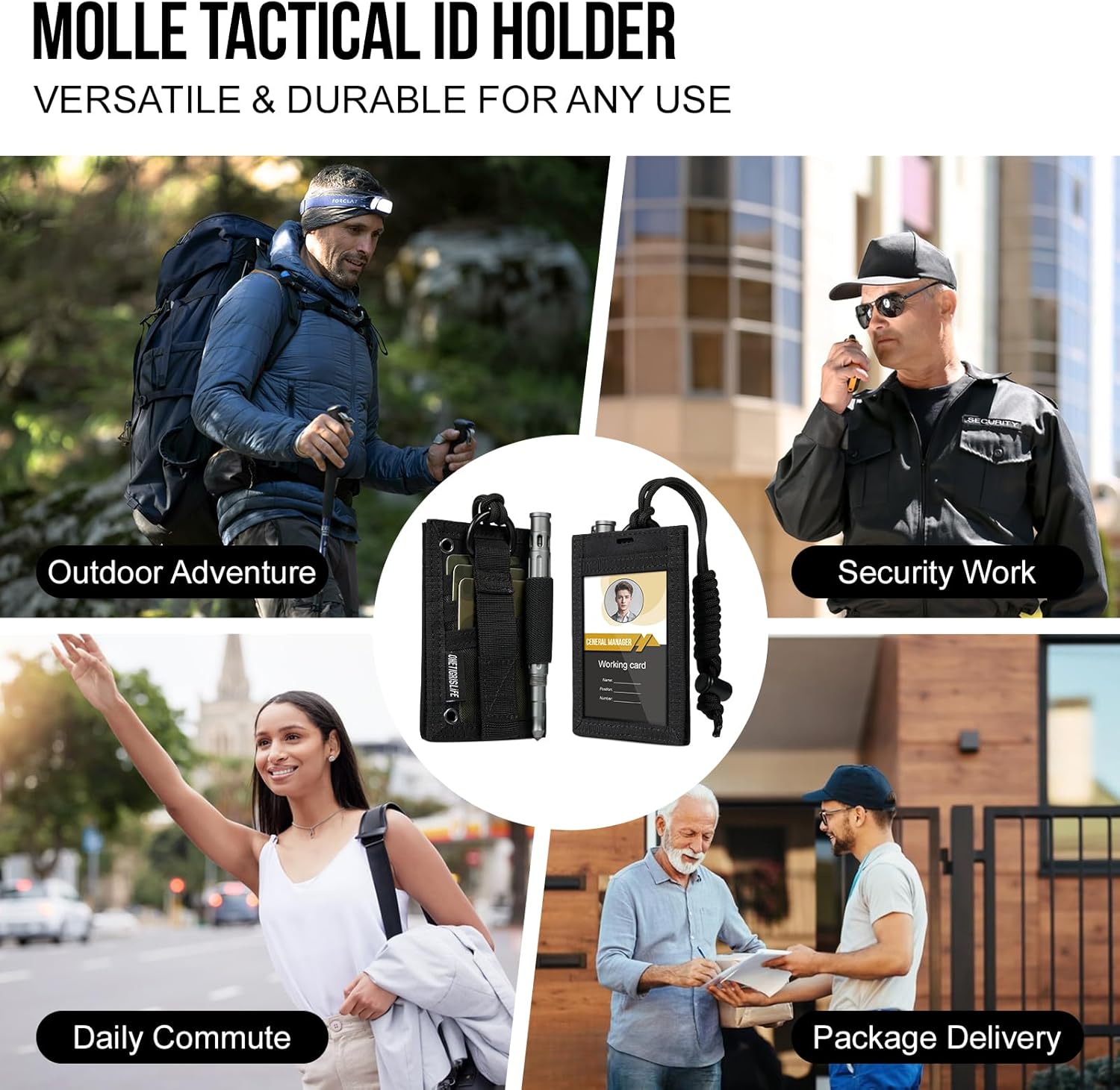 Tactical ID Card Holder Hook & Loop Patch Badge Holder Neck Lanyard Key Ring and Credit Card Organizer (Black)