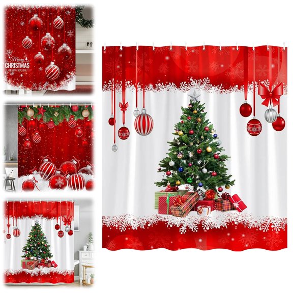 Christmas Shower Curtain 90x180cm with Hooks, Red Berry White Fir Branch Winter Holiday Glittering Fabric Bathroom Decor, One Size, Polyester