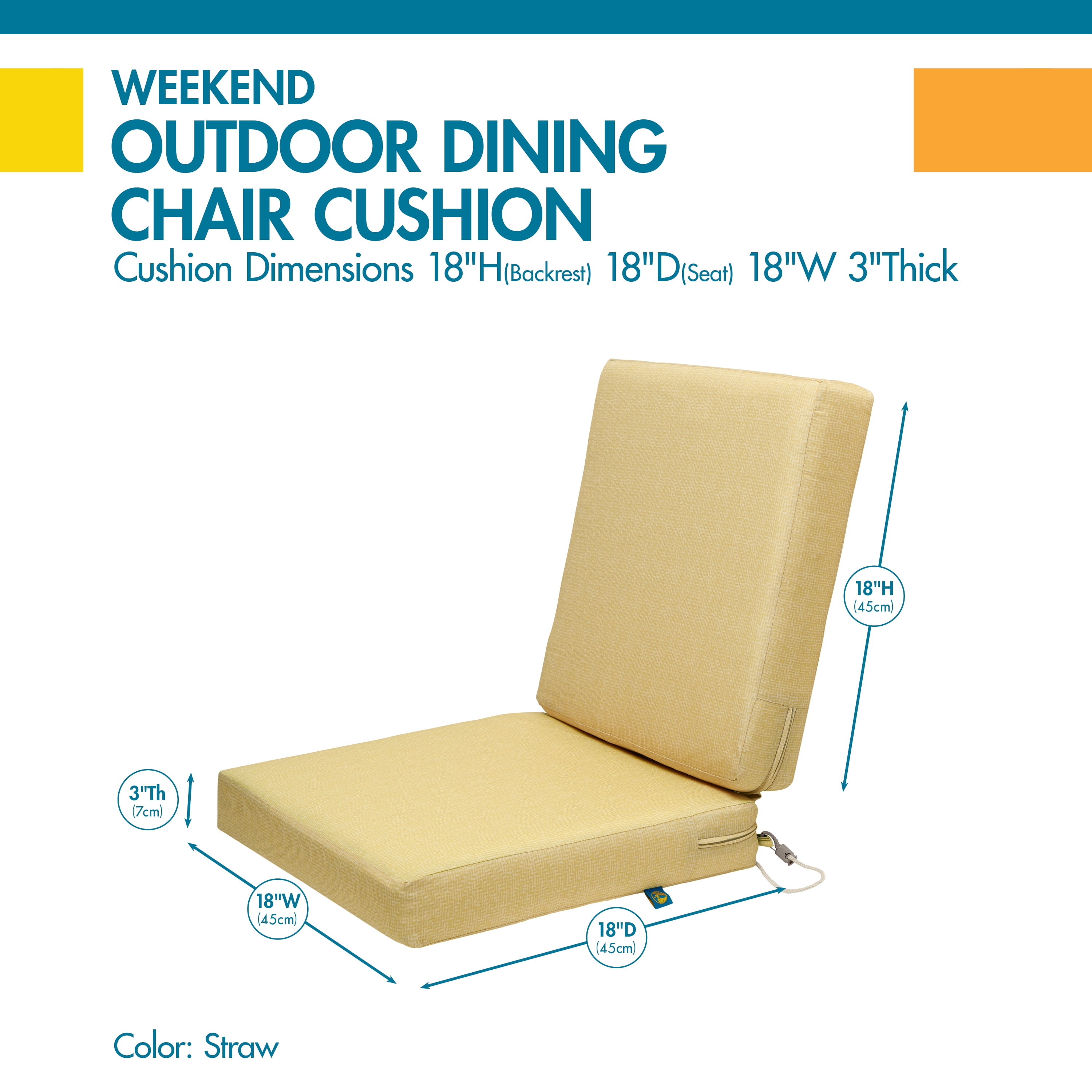 Duck Covers Weekend Water-Resistant 36 x 18 x 3 Inch Outdoor Dining Chair Cushions, Straw