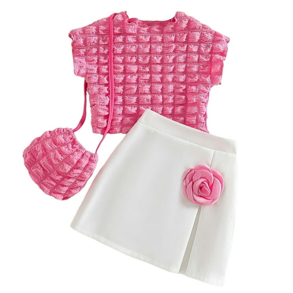 Girls Outfits Clothes Popcorn Top 3D Floral Skirt Elegant Includes Crossbody Sets Workout Clothing