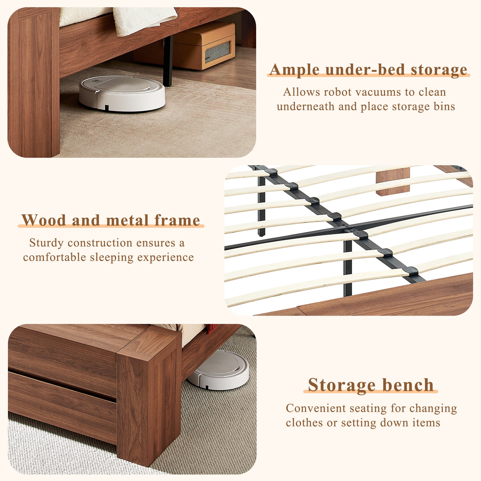KeyWhat Modern Queen Size Storage Bed Frame with Panel Headboard, Footboard Storage Bench, Built-In Drawers, Lift-Up Compartments, No Box Spring Needed, Light Walnut