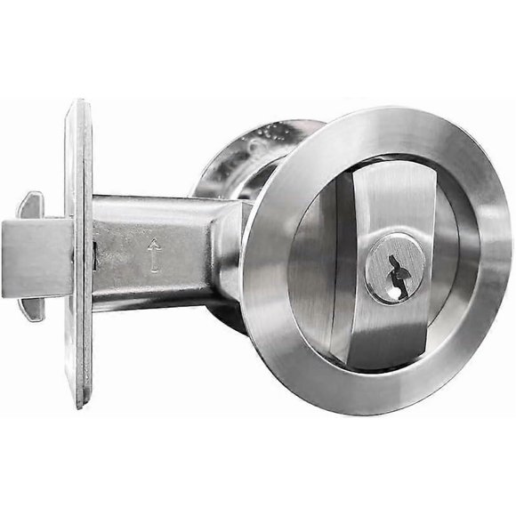 (Silver)Matte Black Privacy Round Pocket Door Lock with Keys,Invisible Recessed Handle Latch,Pocket Door Hardware Lock for 1 3/8 to 2 31/32 Thick