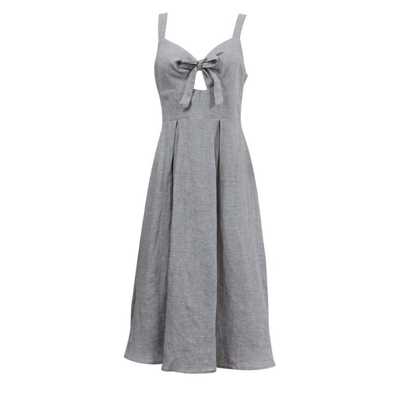 Amazhiyu Womens Pure Linen Dresses Summer Sleeveless V Neck A Line Swing Beach Midi Dress