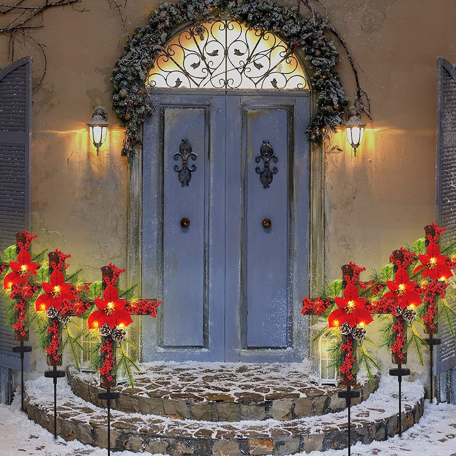 Dalrosia Outdoor Solar Lights Christmas Decorations, Cross Stake Lights with Faux Poinsettia Pine Cones Red Berries and Foliage for Garden Patio Grave