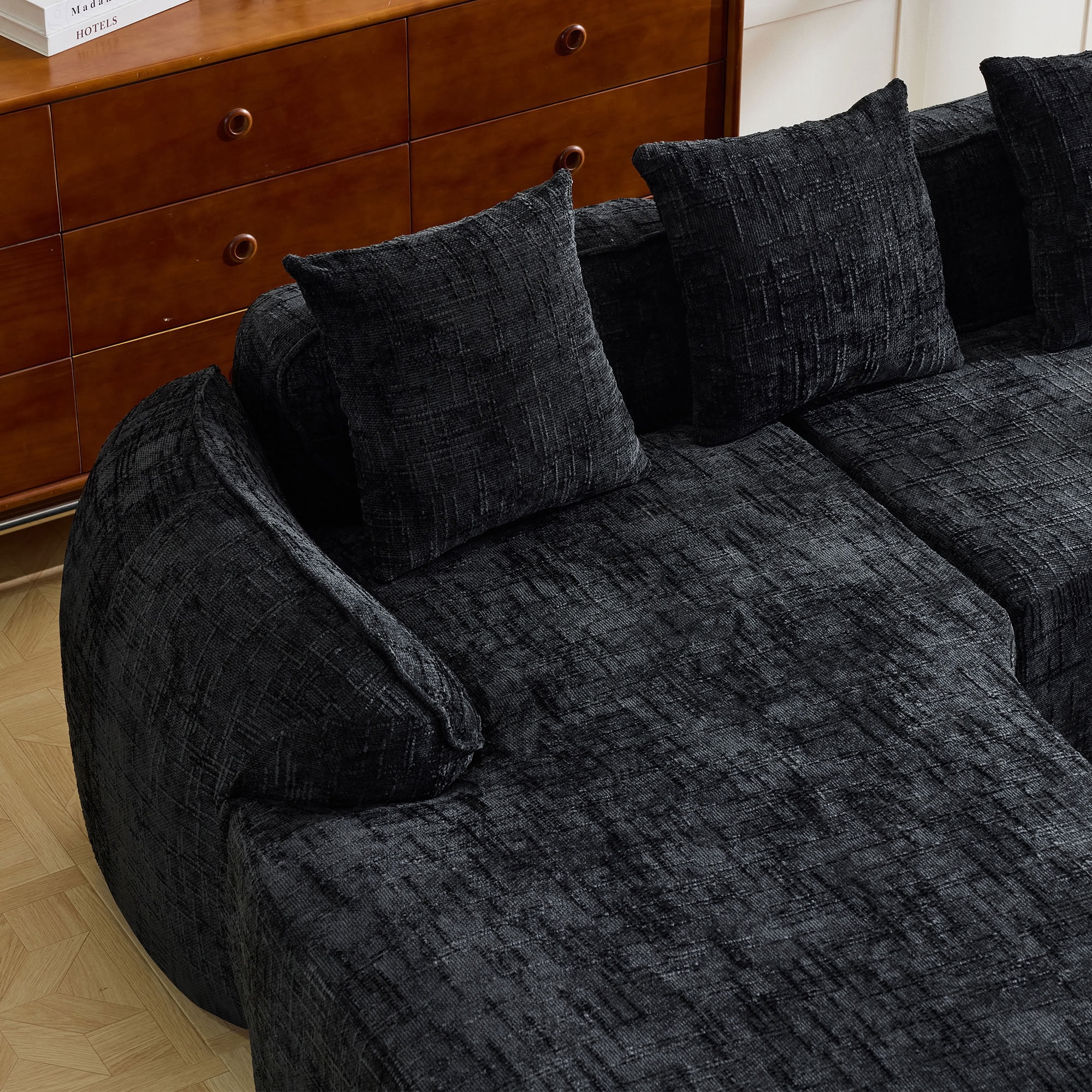 MAYEERTY L-Shaped Chenille Sectional Sofa with Chaise Lounge, 4-Seat Compressed Couch with 4 Throw Pillows, for Living Room Apartment Small Spaces