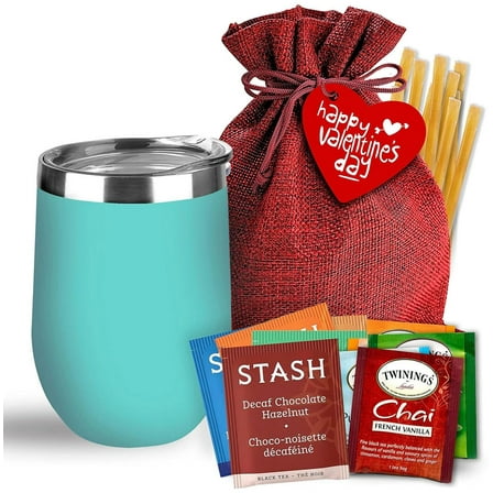 Bellina Tea Gift Baskets for Women and Men - Valentines Day - Insulated Cup, 20 Premium Teas, 10 Honey Straws, Gift Tag & Bag