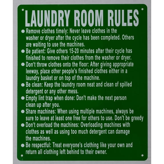 Laundry Room Rules Sign (Green, Rust Free Aluminium 10X12) (ref-2201)