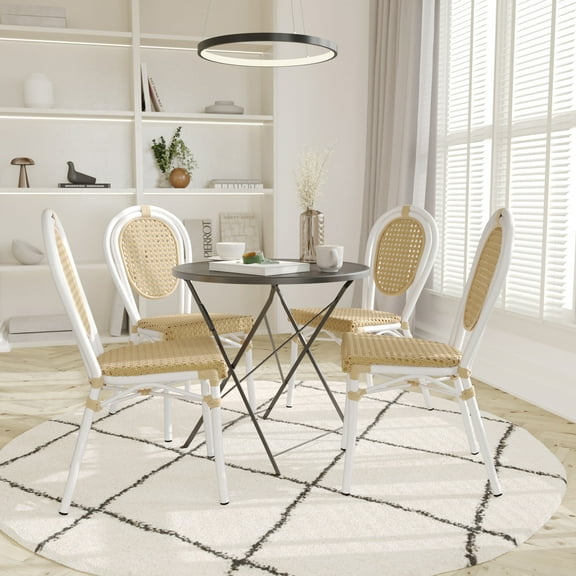 Emma   Oliver Set of Four Indoor/Outdoor Stacking Thonet Bistro Style Chairs with Arms, Black & White PE Rattan Seat and Nat Bamboo Finished Metal Frame