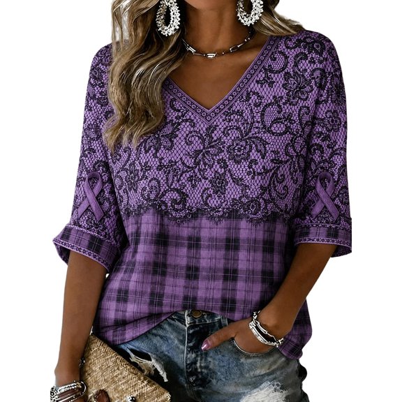 JULMCOMO Alzheimer's Awareness Graphic Tees for Women Purple Hummingbird Print V Neck Casual T Shirts 3/4 Sleeve Loose Comfy Graphic Shirts Black 3XL