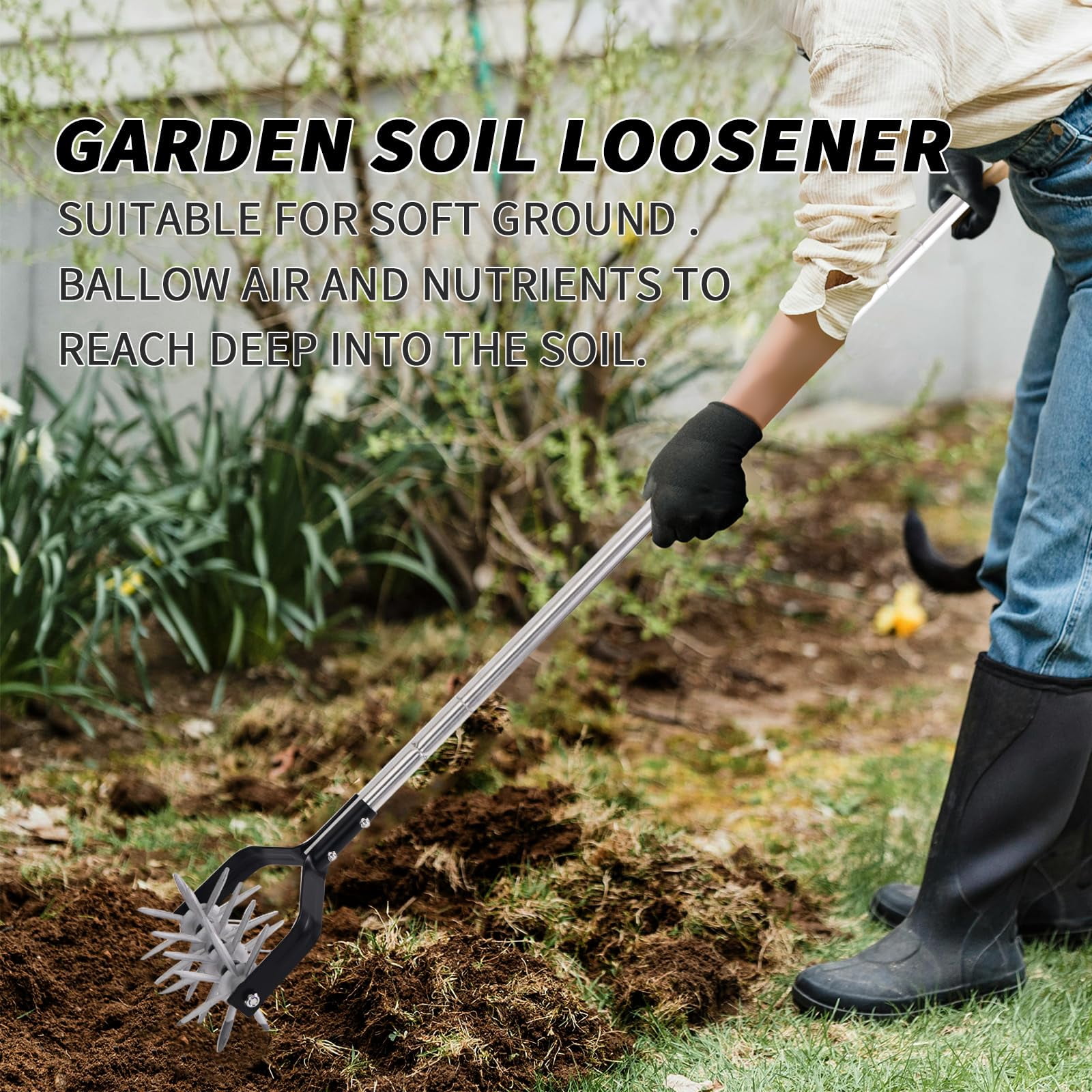 Rotary Cultivator Garden Tool  Adjustable Hand Tiller Long Handle For Aerating Planting And Mixing Soil Or Reseeding Grass