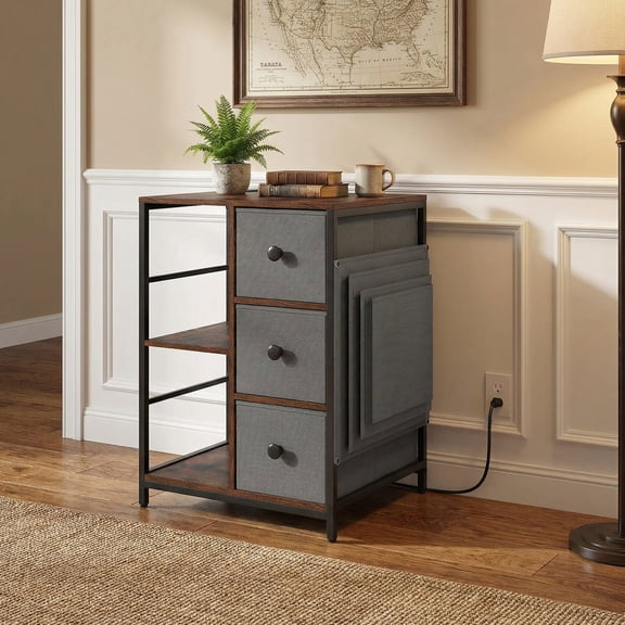 Resenkos Side Table with Charging Station, Industrial Nightstand with Open Shelf for Bedroom, Living Room, Rustic Brown