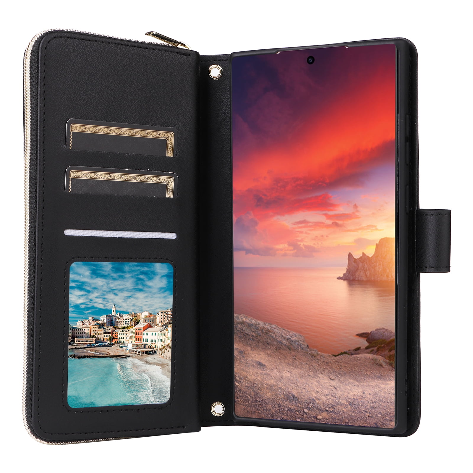 Compatible for Samsung Galaxy S24 Ultra Wallet Case, Crossbody Strap PU Leather Folio Phone Cover, Zipper Handbag Purse with Card Holder Lanyard Flip Stand for Samsung Galaxy S24 Ultra, Black