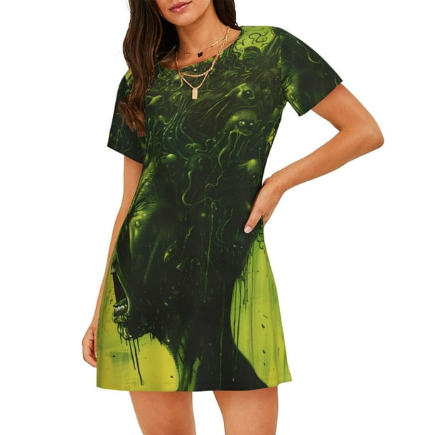 Balery Screaming Horror Art Camisón de manga corta con cuello redondo para mujer, cómodo y elegante.