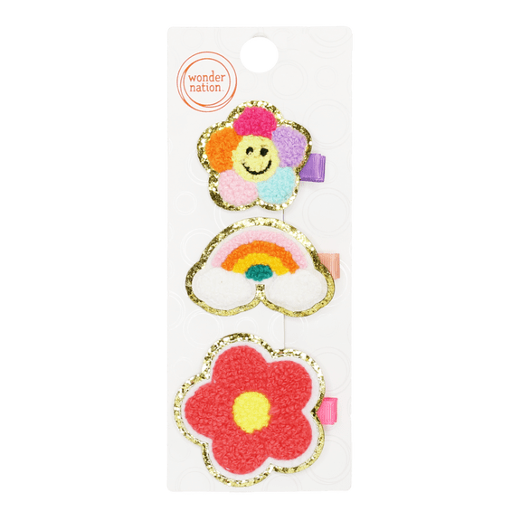Wonder Nation Girls Patch Hair Clips, 3-Piece, Multi