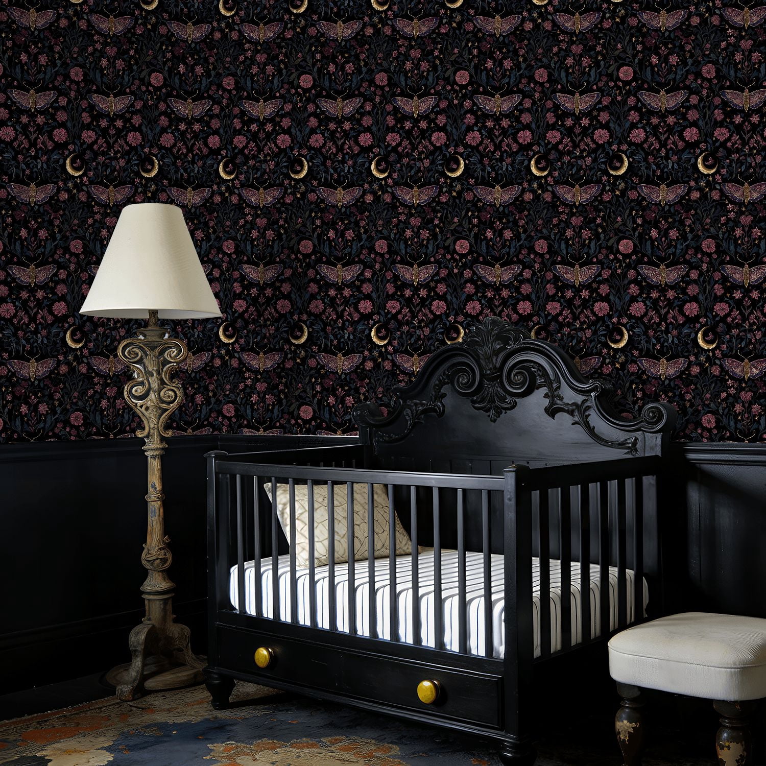 Peel and Stick Wallpaper Baroque Butterflies Floral Dark Wall Mural 17.7in x 9.8ft Self Adhesive Removable Wall Paper Renter Friendly Wallpaper for Nursery Bedroom Cabinets