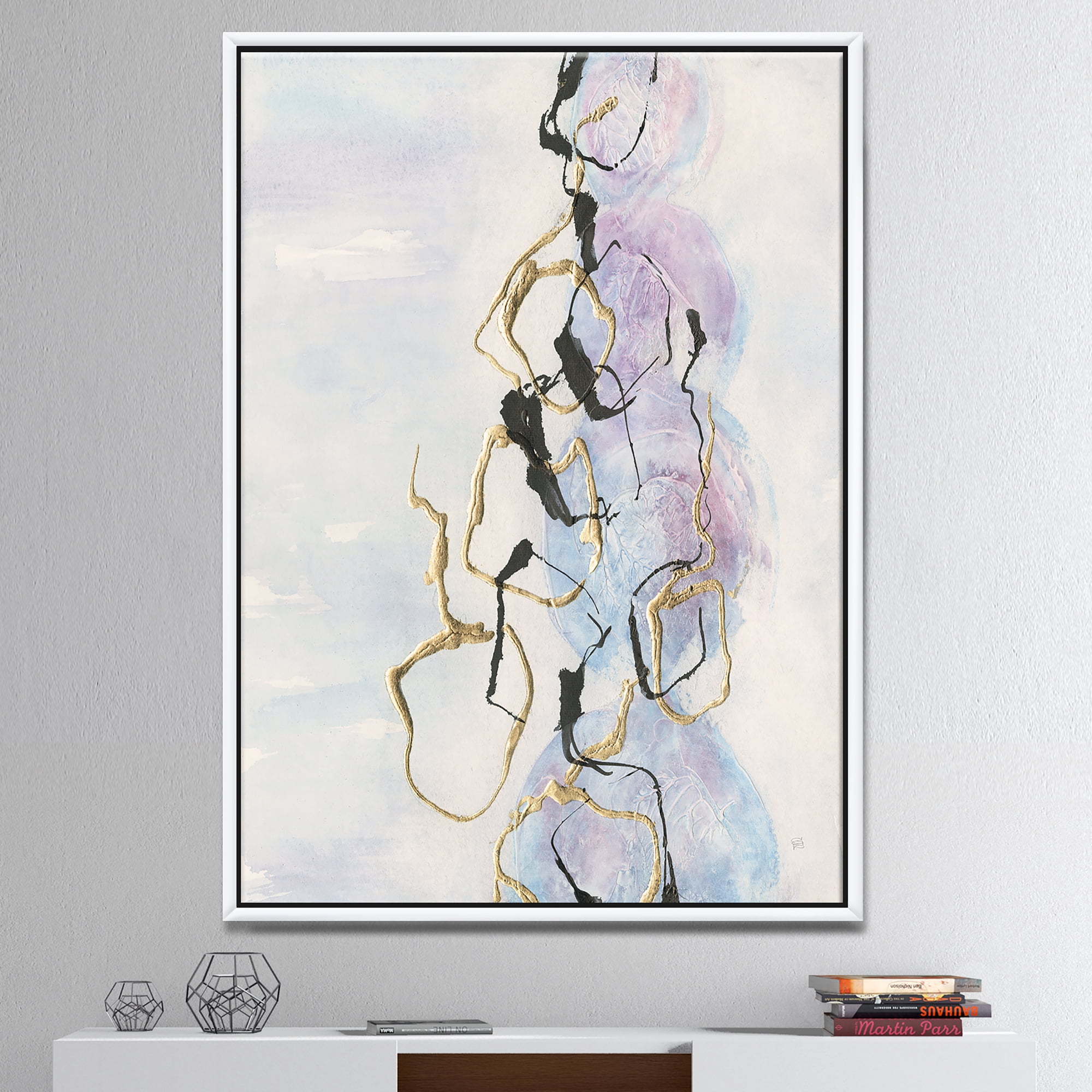 Designart ' Gold Lines on Pastel I ' Modern Glam Framed Canvas