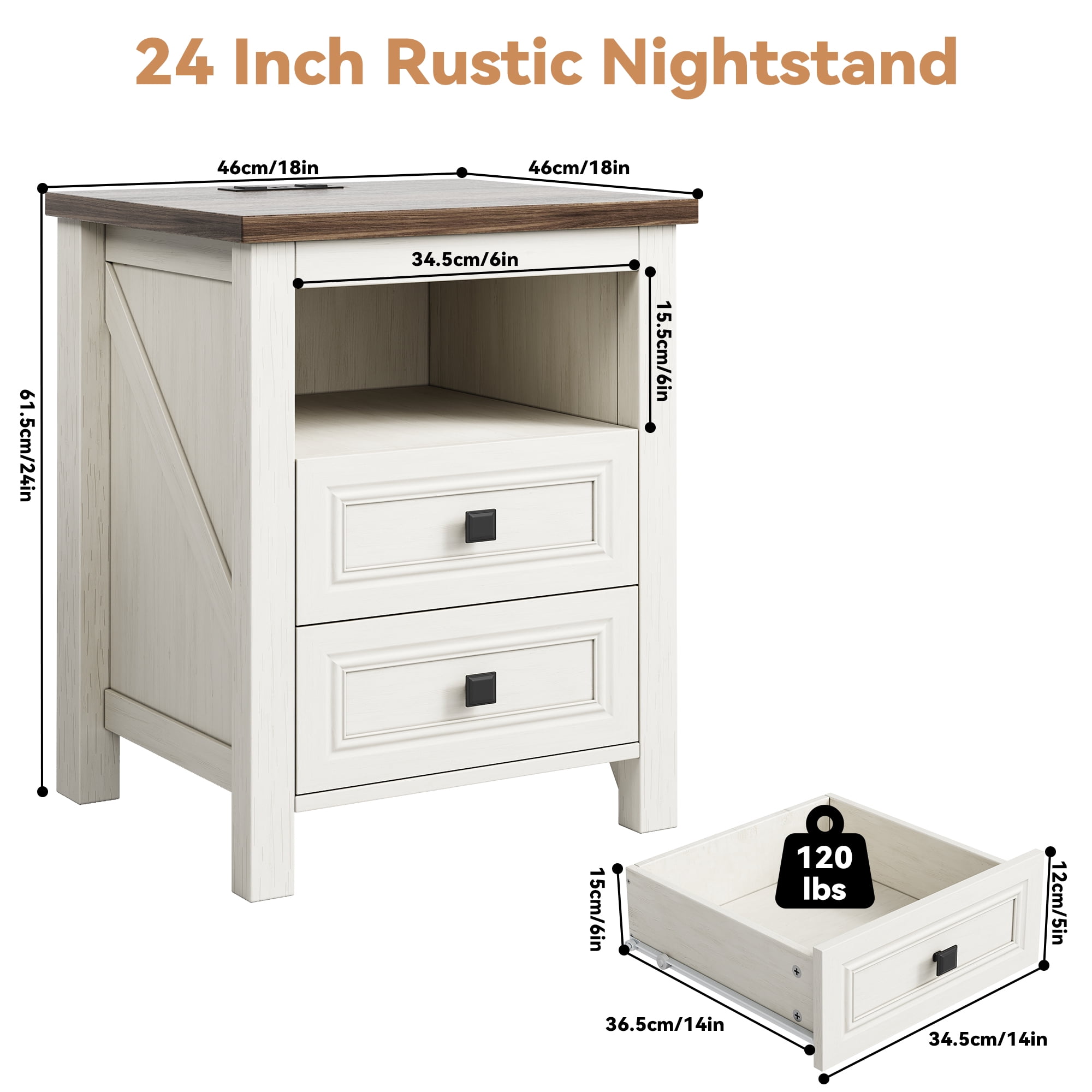 Nightstand with charging station, Rustic Bedside Table with 2 Drawers, Farmhouse Nightstand End Tables Night Stand for Bedroom Living Room, White