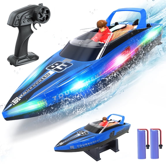 JoyStone 10 inch RC Boat with LED Lights for Adults and Kids - 2.4Ghz Remote Control Boat for Pool and Lakes, Dual Motor & Low Battery Alarm, Gifts for 8-12 Boys Girls(Blue)