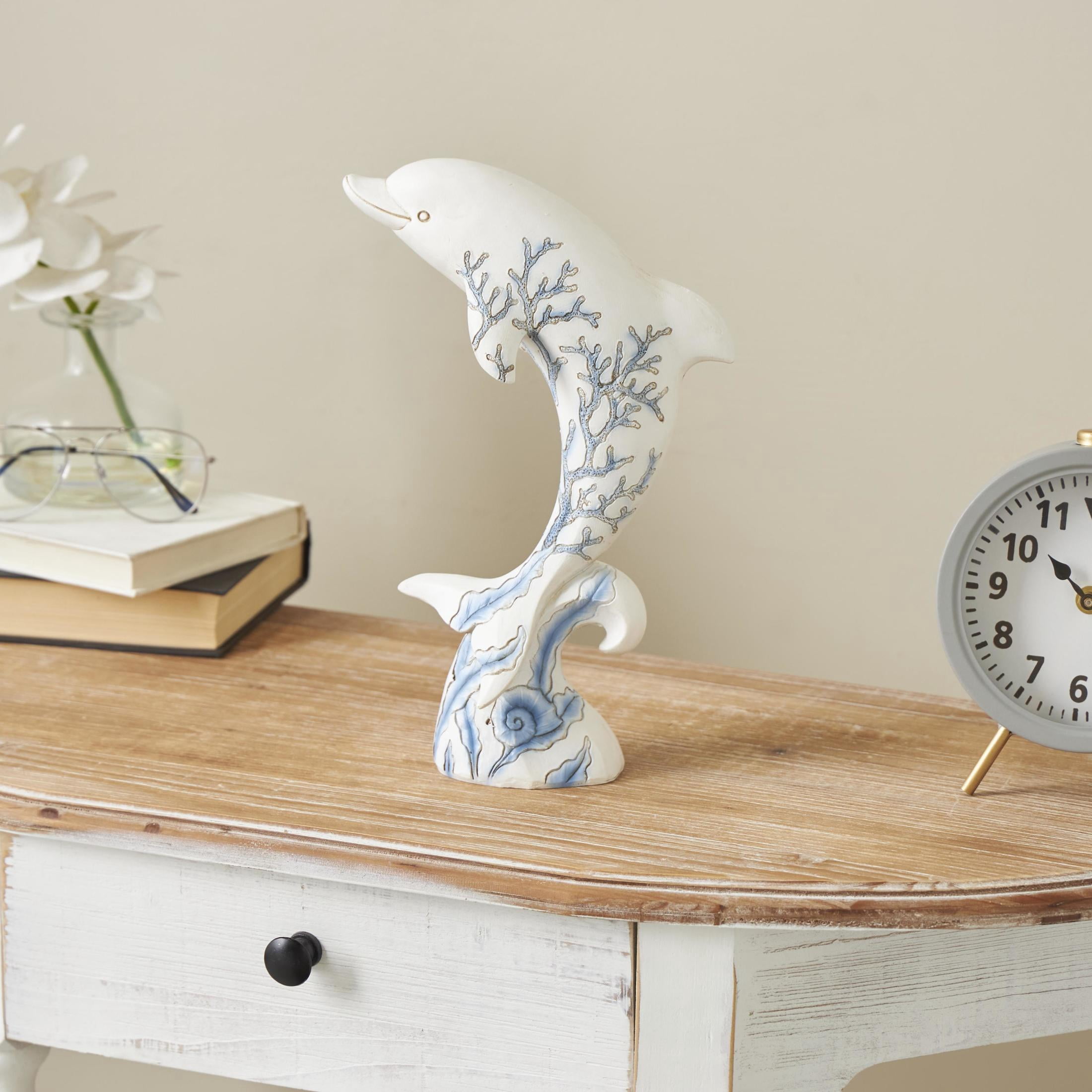 7" x 12" White Polystone Curved Dolphin Sculpture with Blue Coral Patterns, by DecMode