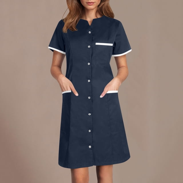Robes Florales d'Été Ndbuld pour Femmes Couleur Unie avec Poches Robe de Soins Infirmiers à Boutons Col Rabattu Robe Midi de Travail en Liquidation à Moins de 5$