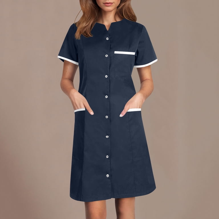 yoeyez Nurses Scrub Dress Uniforms Women's Solid Color Splicing Knee Length  Dresses with Pocket Casual Short Sleeve V-Neck Holiday Workwear Navy,M -  Walmart.com